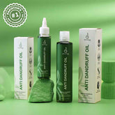 Anti dandruff oil bottles and boxes on a green background with 'Pakistan's #1' label.
